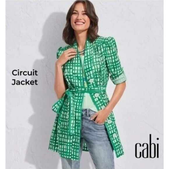 CAbi Jackets & Blazers - CABI Circuit Jacket Linen Blend Kelly Green & White Belted Size Large Style 6025